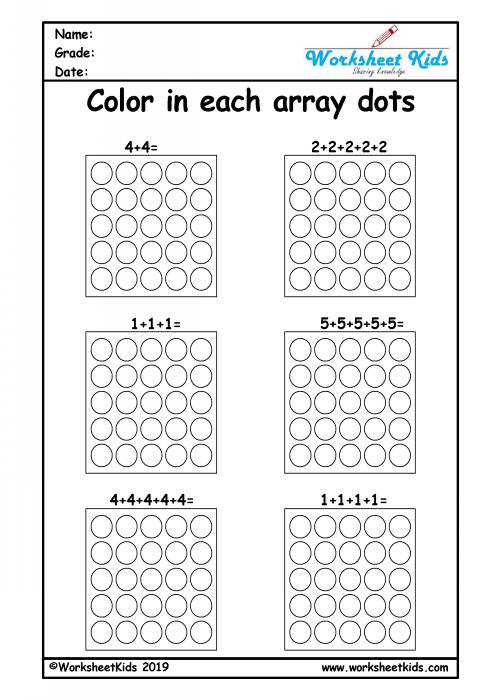Repeated addition arrays activities for year 1, 2, 3 worksheets