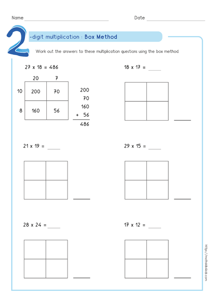 Box method multiplication worksheets PDF | Partial product ...