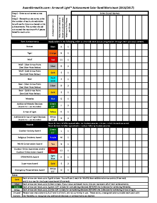 arrow of light requirements worksheet