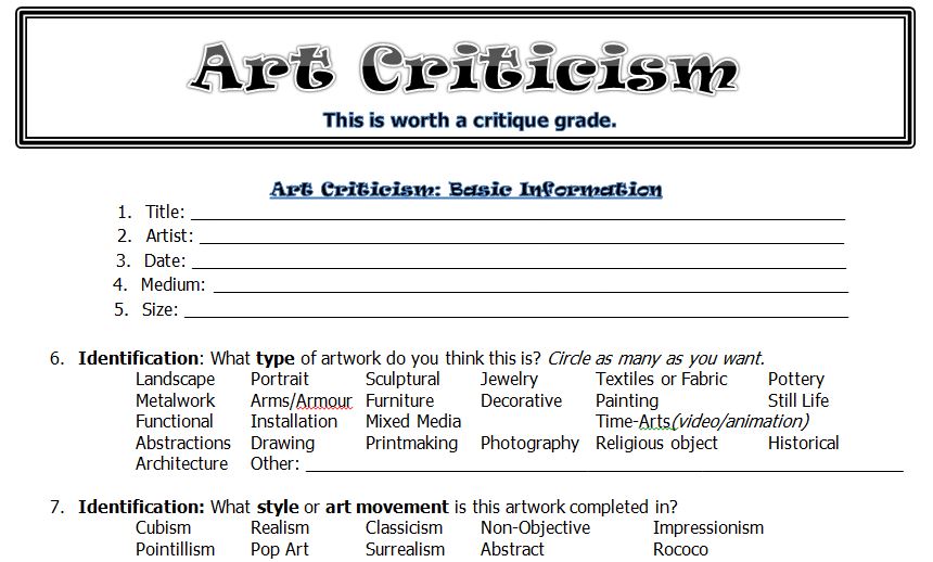 The smARTteacher Resource: Art Criticism Worksheet