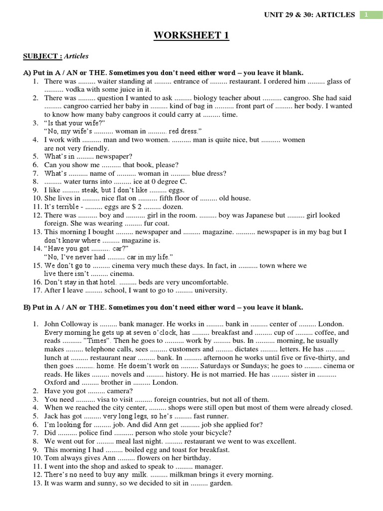 Articles Worksheet | PDF | Meal