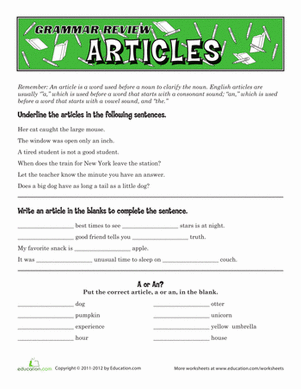 Grammar Review: Articles | Worksheet 
