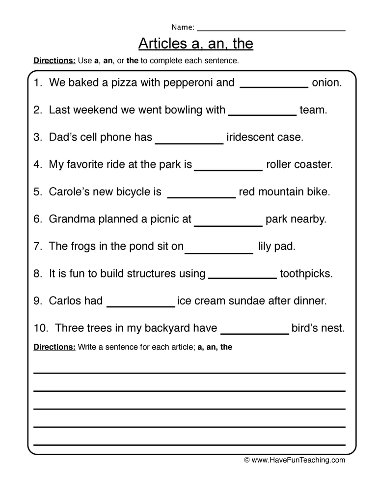 A, An, The Article Worksheet  