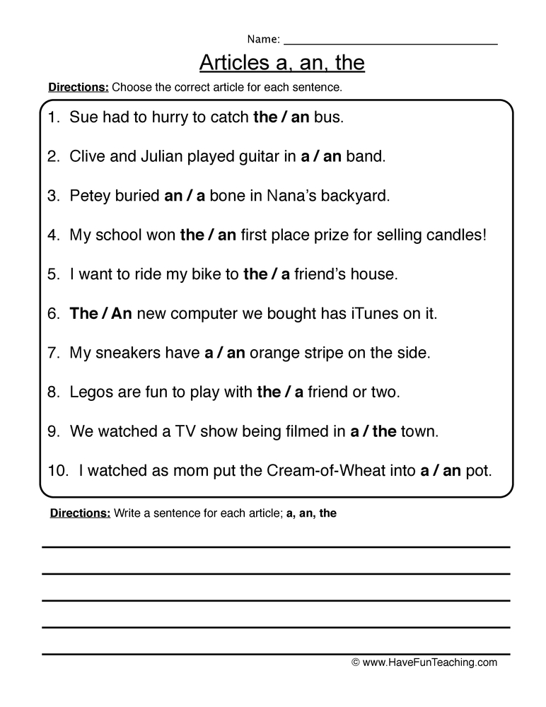 A, An, The Articles Worksheet  