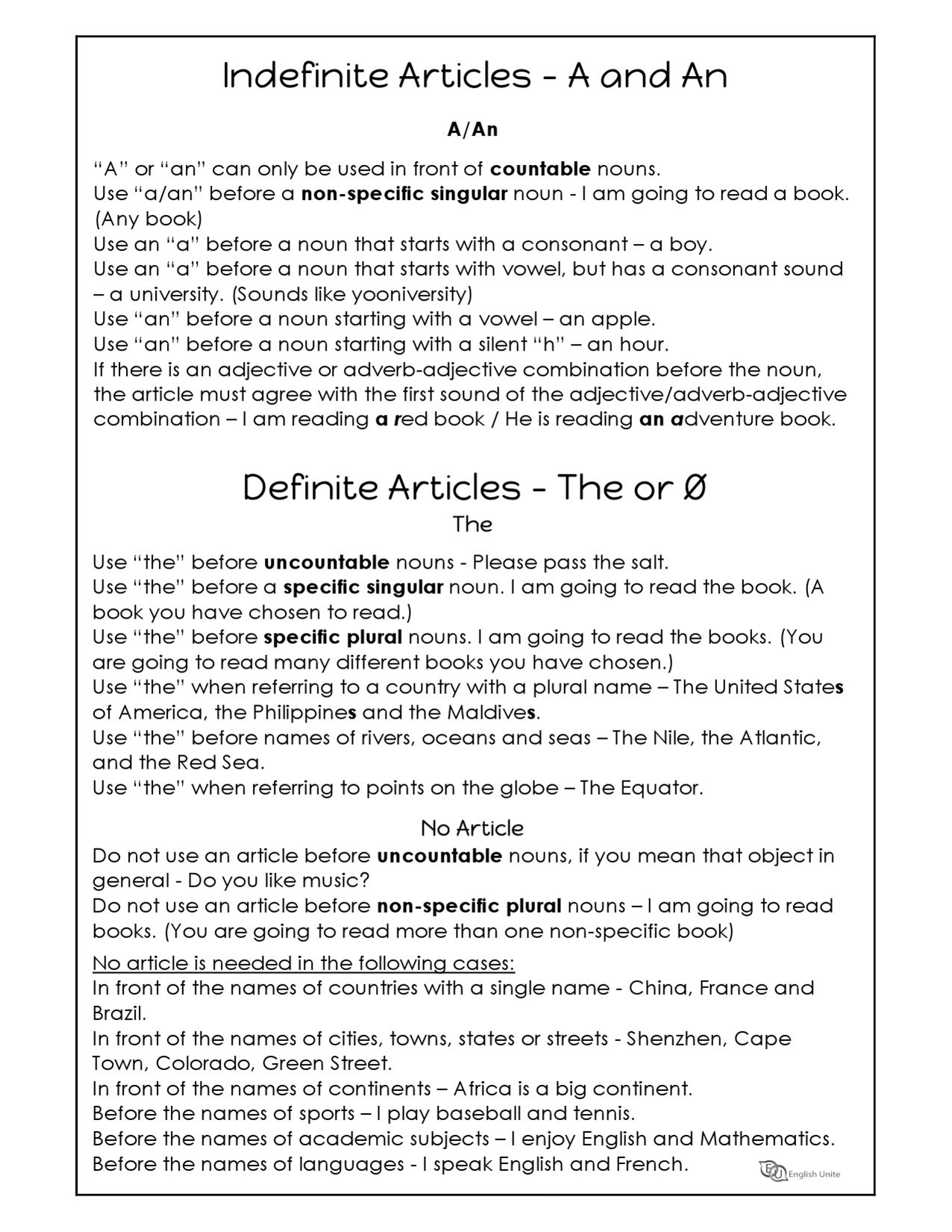English Unite - Grammar Worksheets - Articles