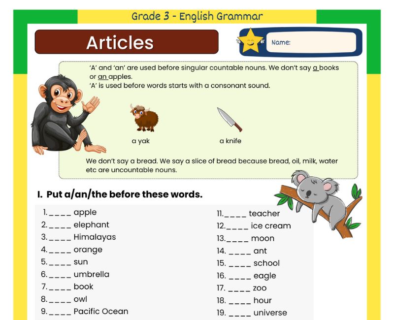 Enhance Grammar Skills with these Creative Articles Worksheets for ...