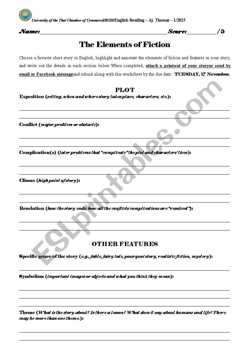Elements of Fiction Worksheet/Assignment - ESL worksheet by thommythom
