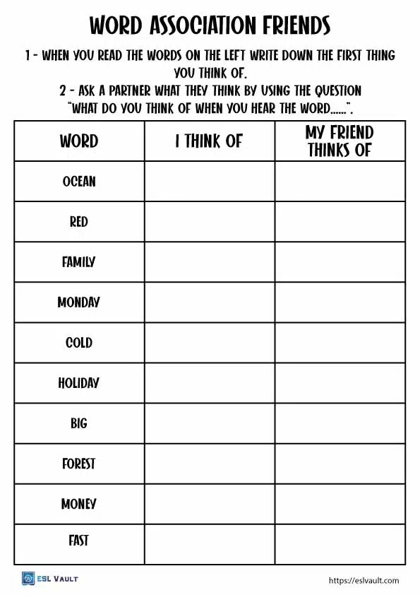 4 fun word association worksheets - ESL Vault