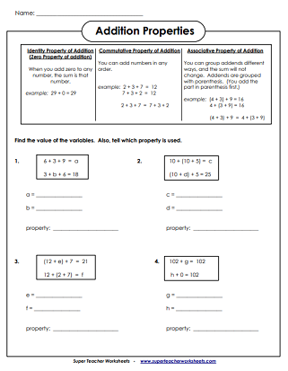Addition Worksheets: Associative, Commutative Properties - Worksheets ...