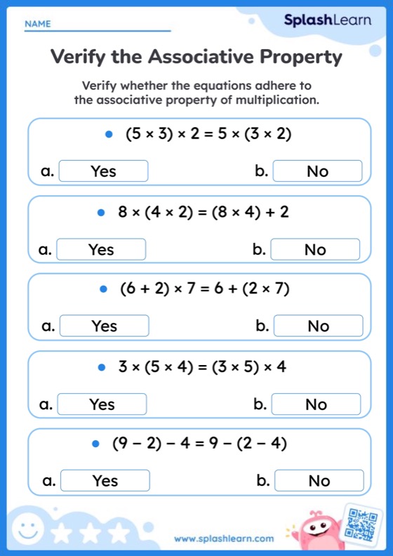 Verify the Associative Property — Printable Math Worksheet