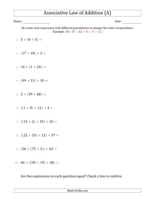 Associative Law of Addition (Whole Numbers Only) (A)
