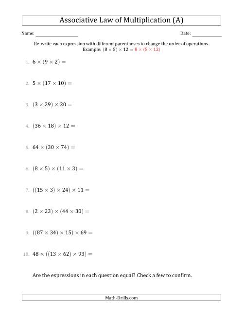 associative property multiplication worksheet 3 digits
