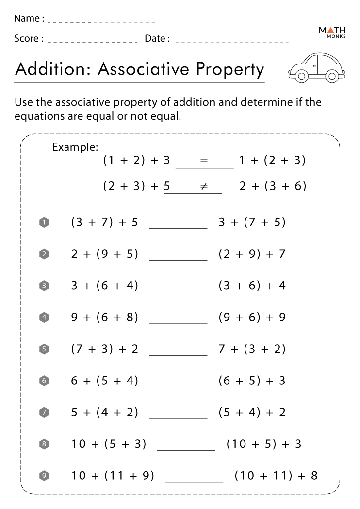 Associative Property of Addition Worksheets with Answer Key