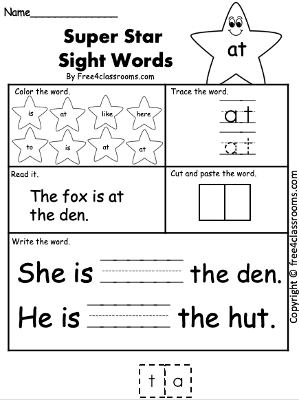 Free Sight Word Worksheet (at) - Free Worksheets - Free4Classrooms