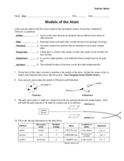 Worksheet - Models of the Atom - Teacher - Teacher Notes Name Key ...