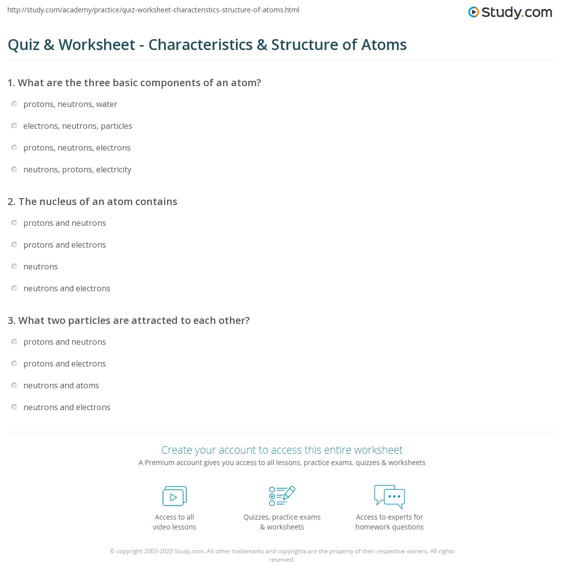 Quiz &  Worksheet - Characteristics &  Structure of Atoms | Study.com