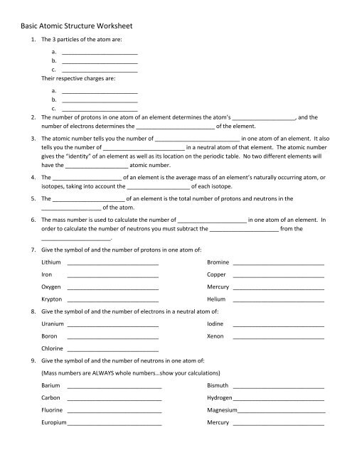 Basic Atomic Structure Worksheet - Staff.fcps.net