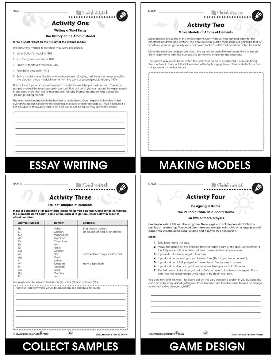 Atoms, Molecules &  Elements - BONUS WORKSHEETS - Grades 5 to 8 ...