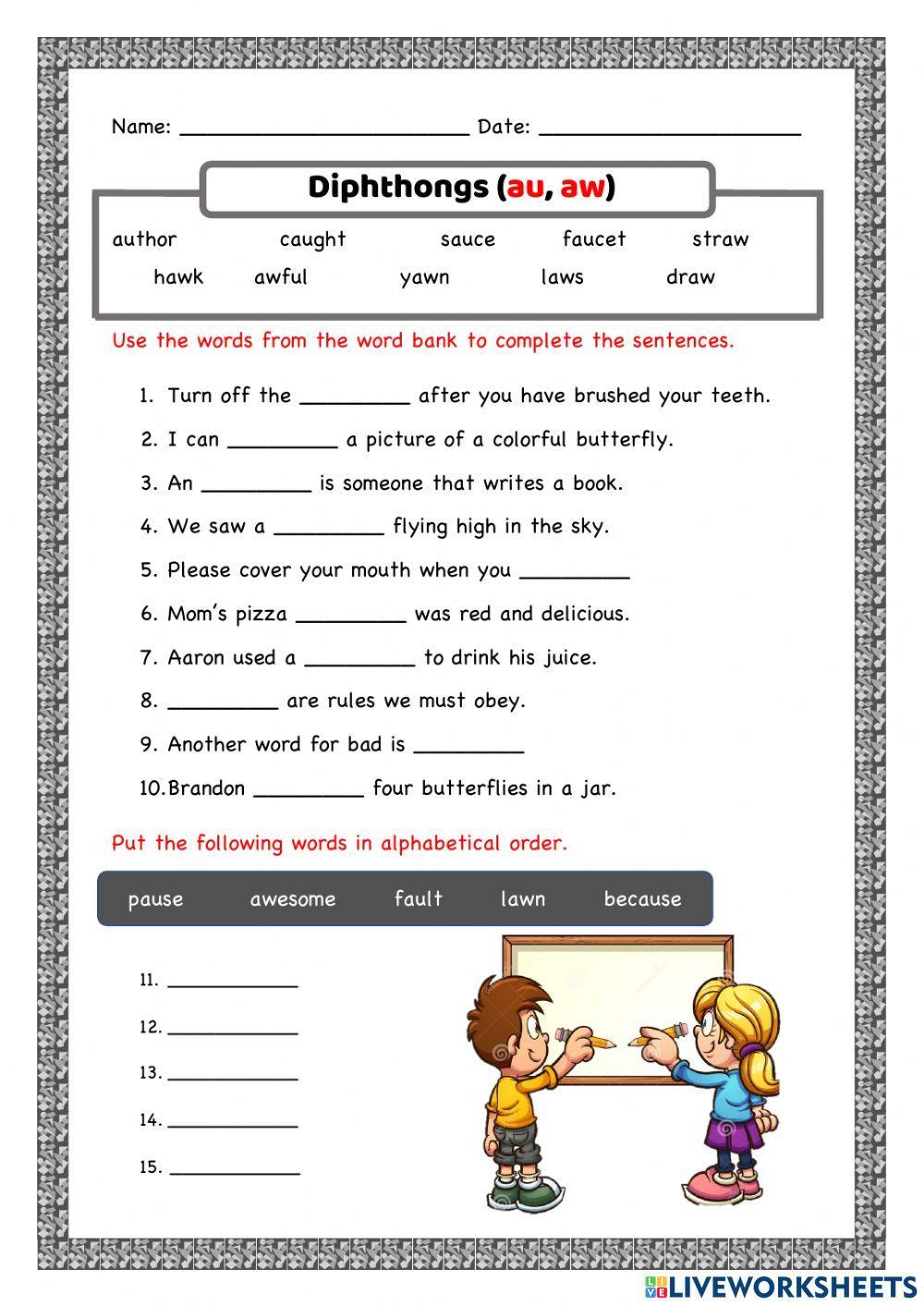 Diphthongs (au and aw) worksheet  