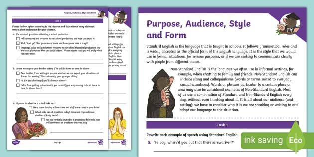 Purpose, Audience, Style and Form Activity Sheets - Twinkl