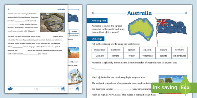 Cloze Procedure About Australia Worksheet (teacher made)