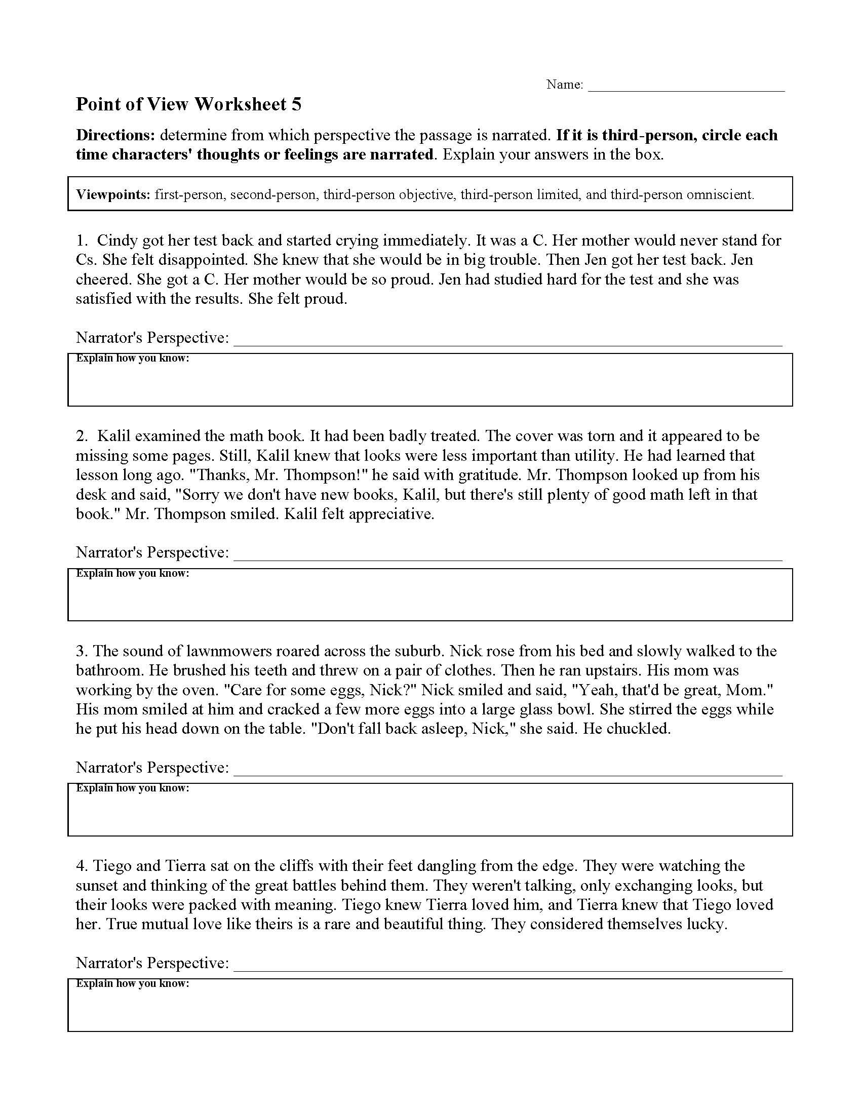 Point of View Worksheet 5 | Reading Activity