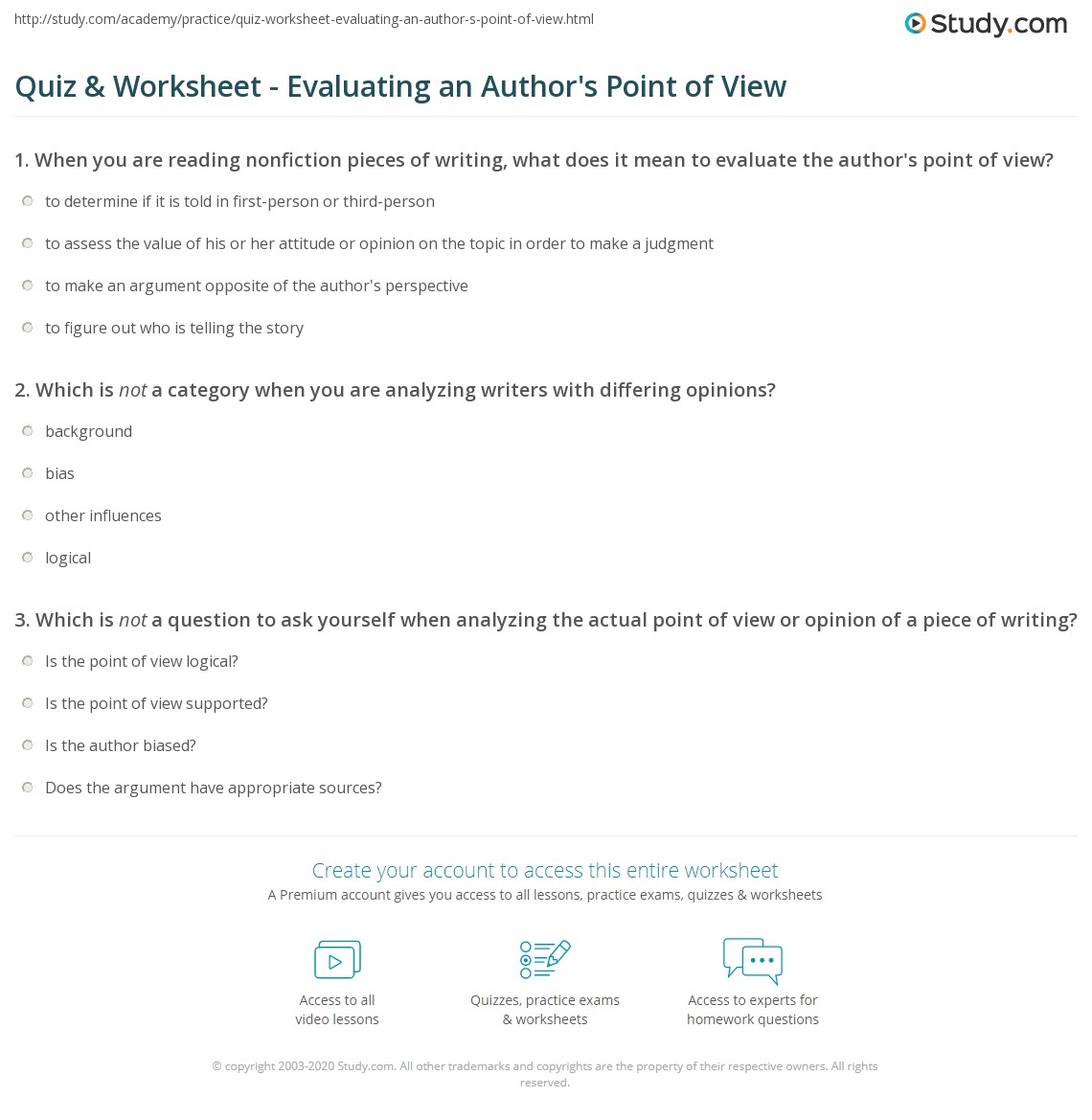Quiz &  Worksheet - Evaluating an Authors Point of View | Study.com
