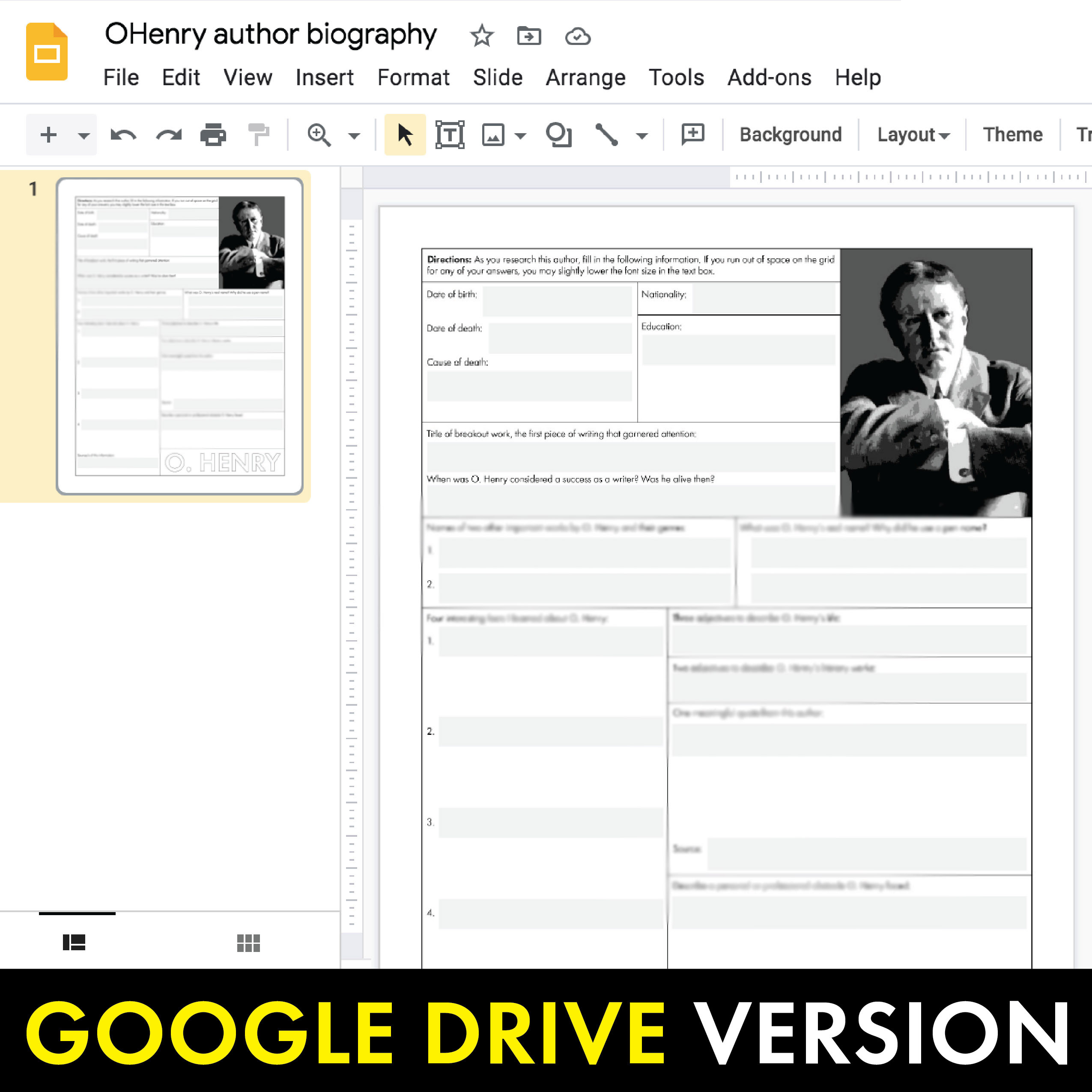 O. Henry Author Study Worksheet, Biography Activity, PDF &  Google ...