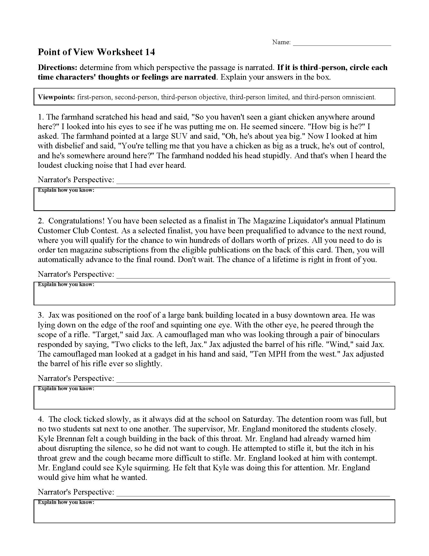 Point of View Worksheets | Reading Activities - Worksheets Library