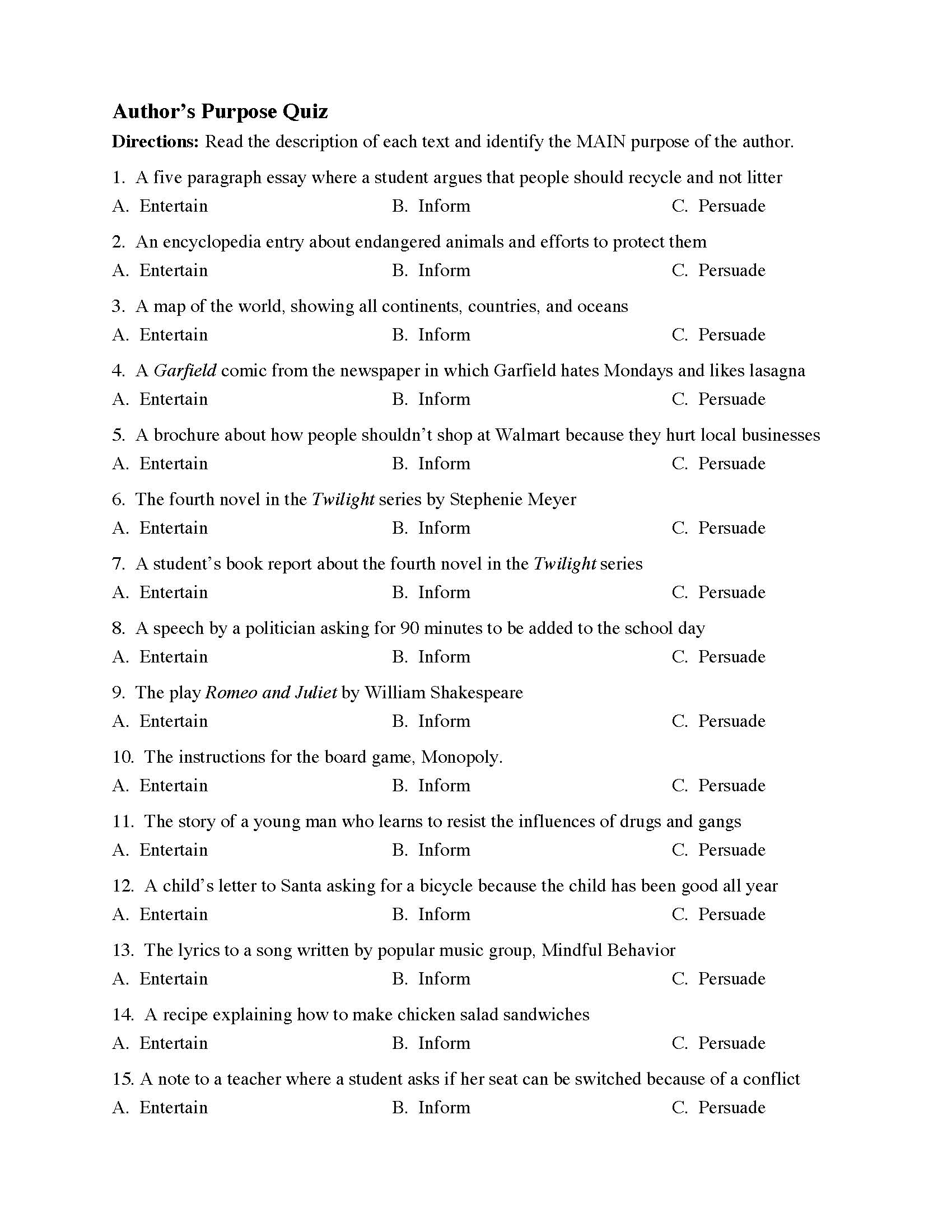 Authors Purpose Worksheets | Reading Skills