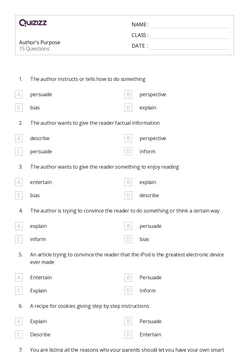 50+ Authors Purpose in Fiction worksheets for 4th Class on ...