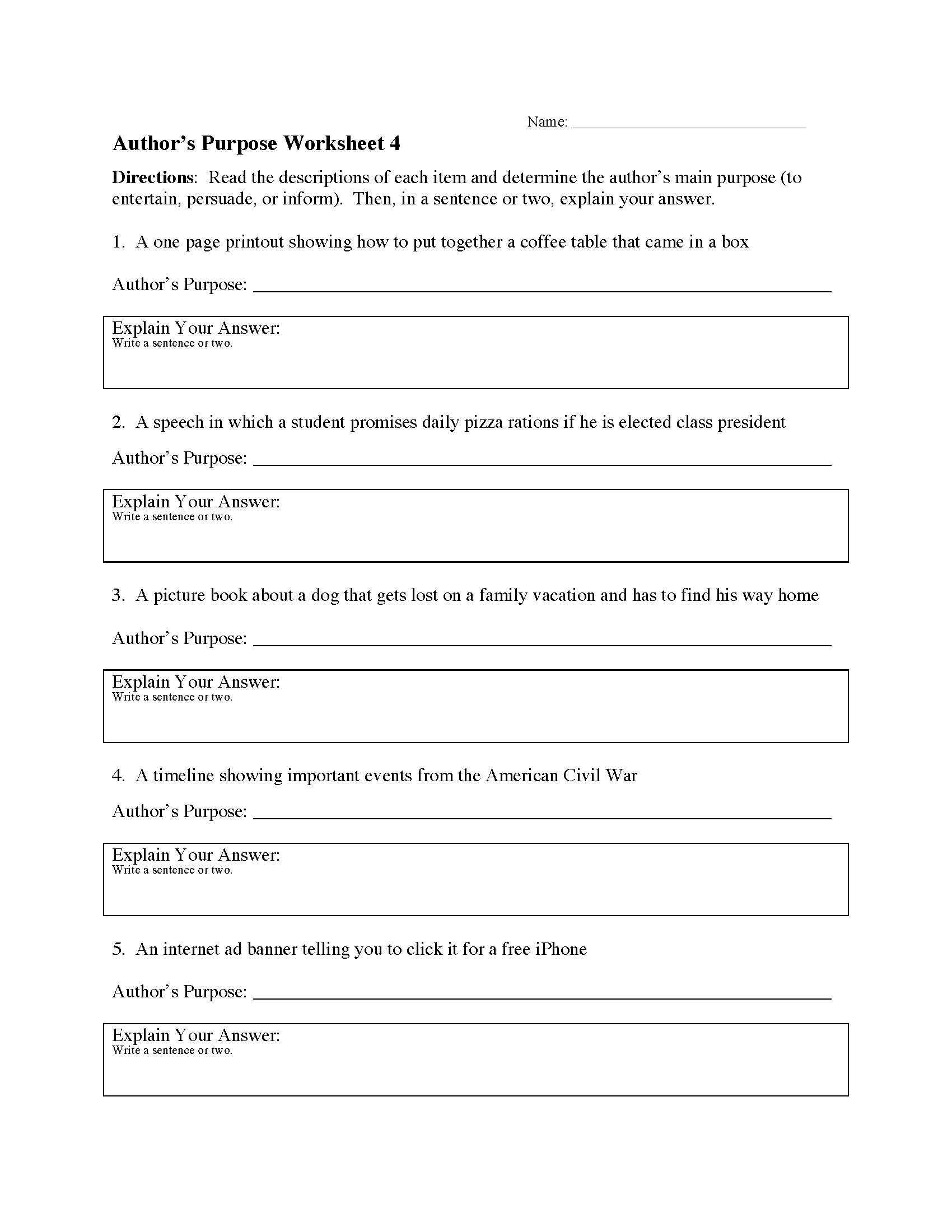 Authors Purpose Worksheets | Reading Skills