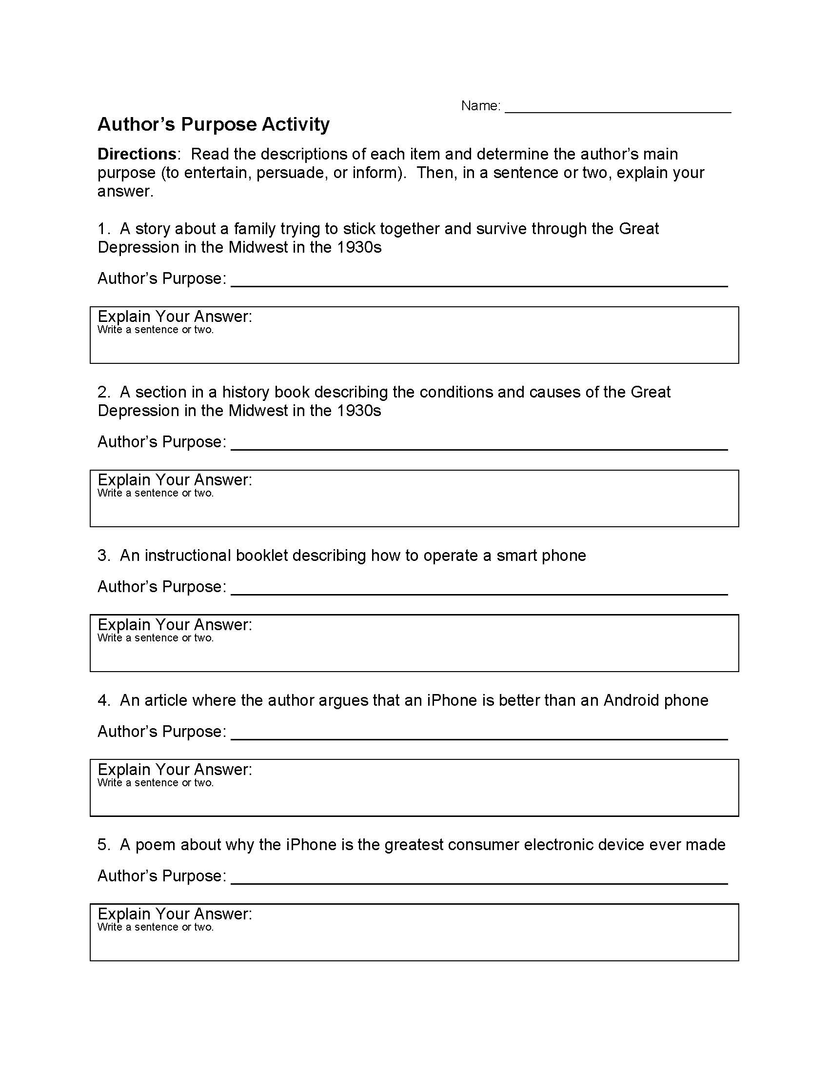 Authors Purpose Worksheet 1 | Reading Activity