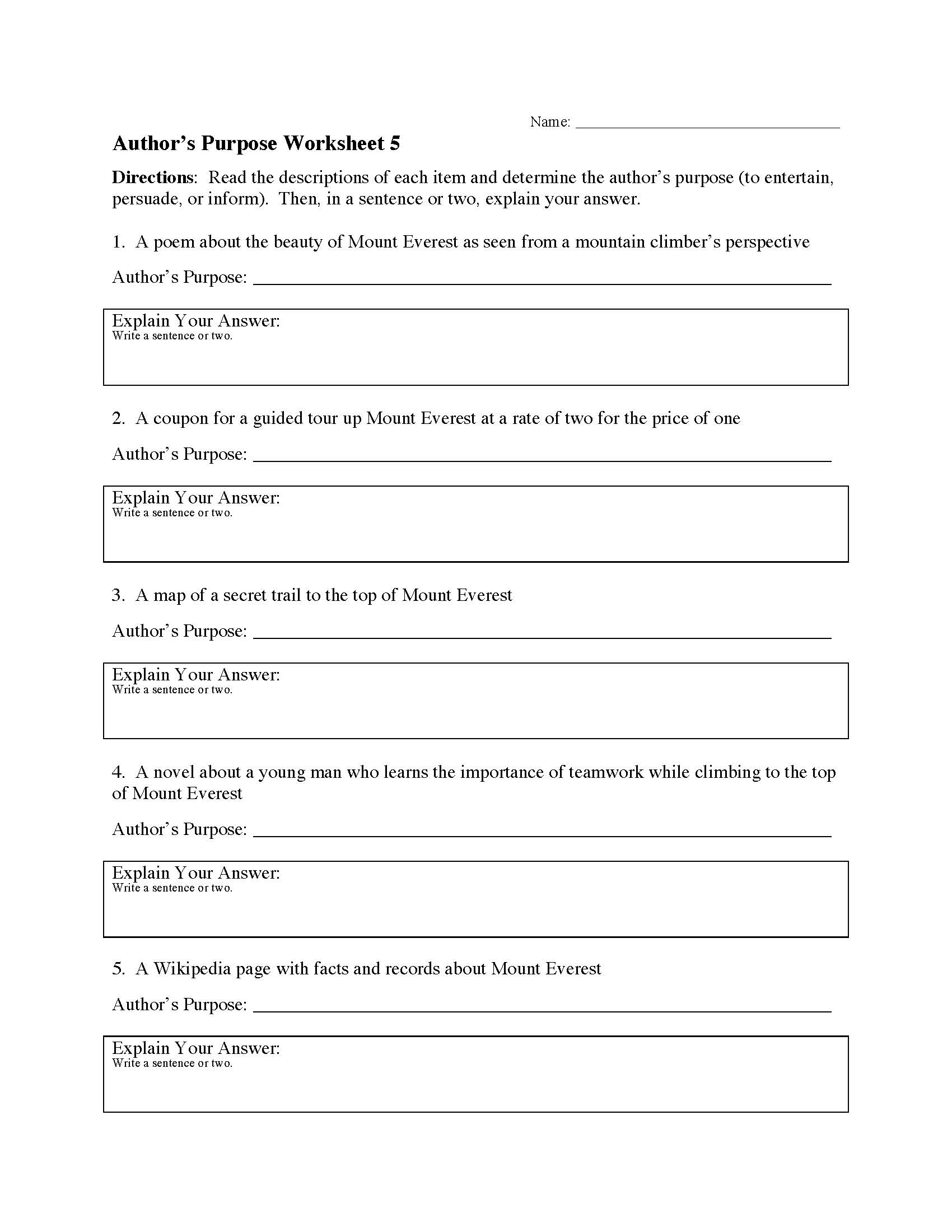 Authors Purpose Worksheet 5 | Reading Activity