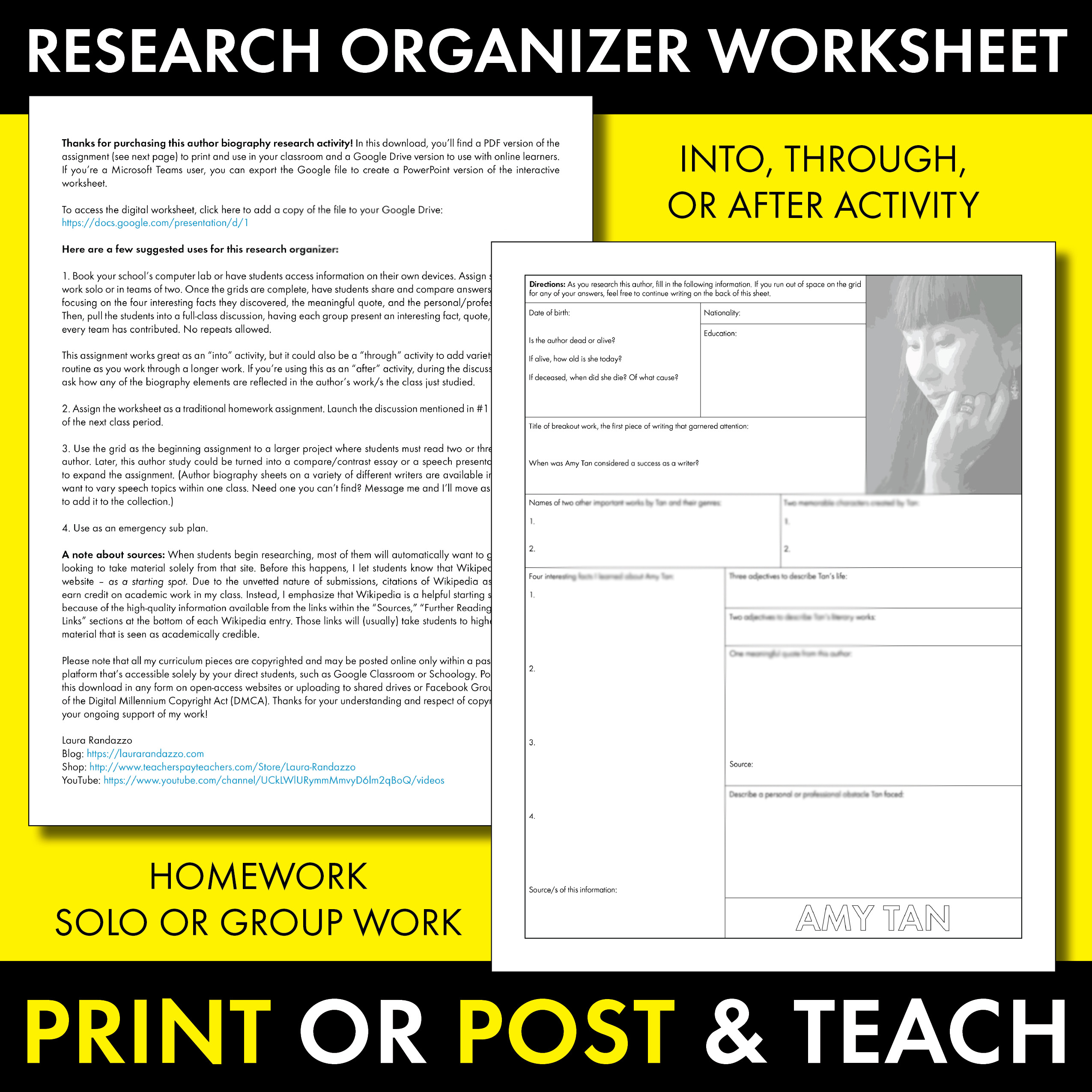 Amy Tan Author Study Worksheet, Joy Luck Club, Biography PDF ...