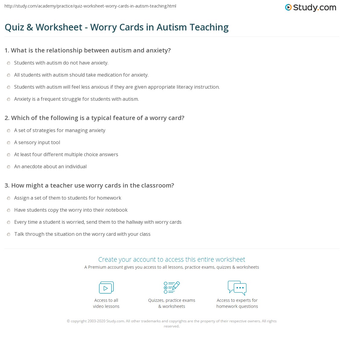 Quiz &  Worksheet - Worry Cards in Autism Teaching | Study.com