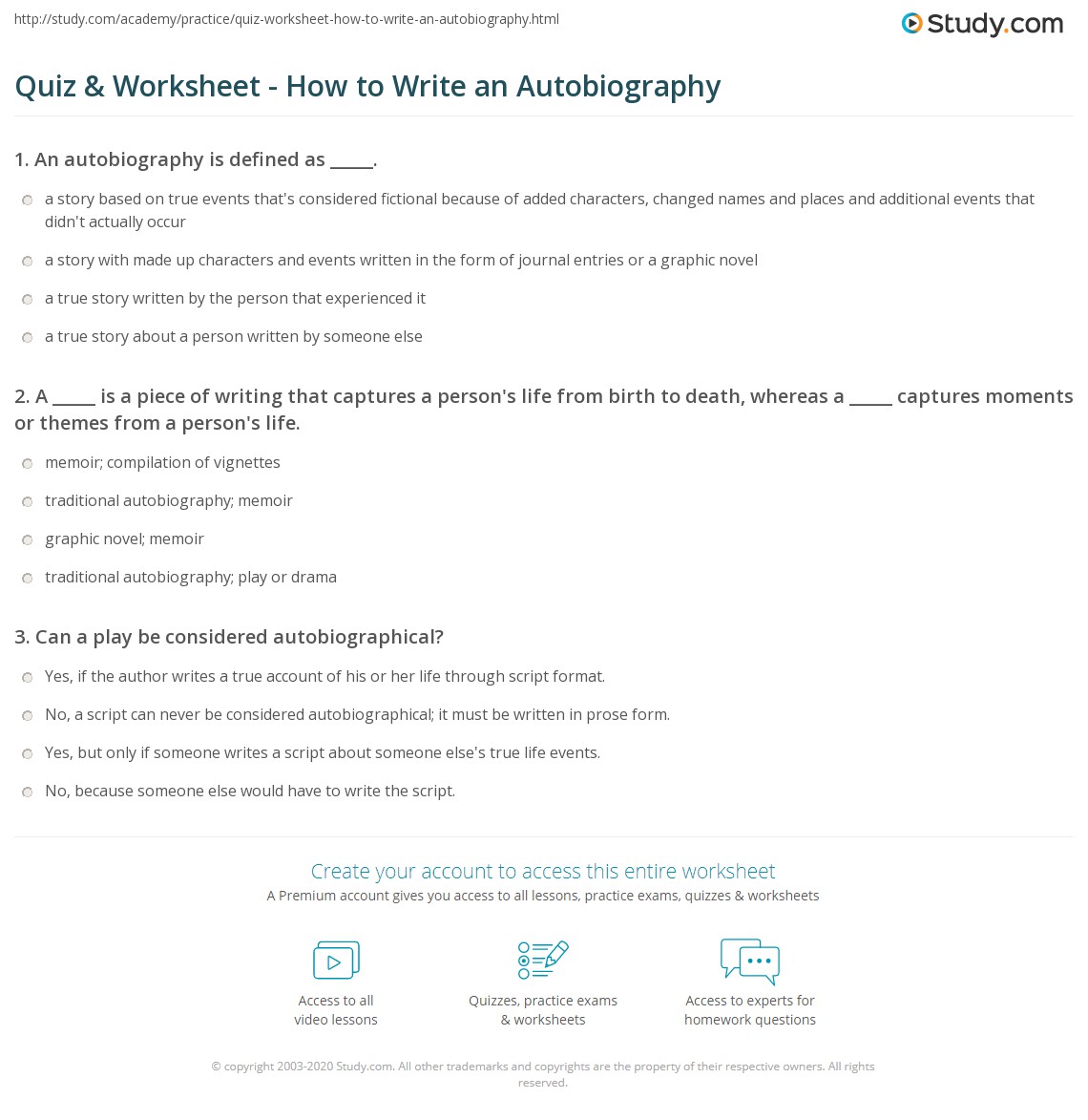 autobiography questions worksheet