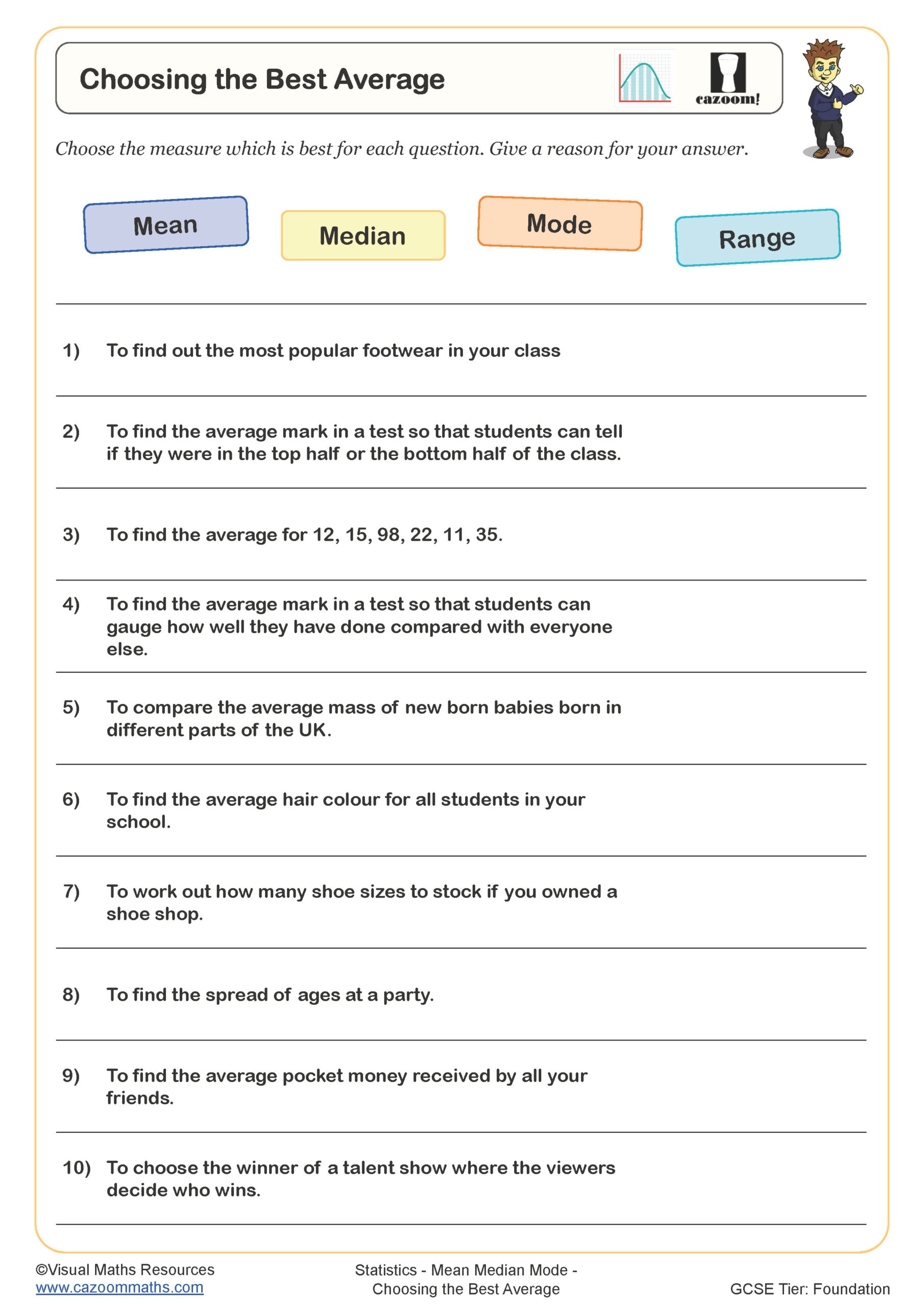 Choosing the Best Average | Cazoom Maths Worksheets