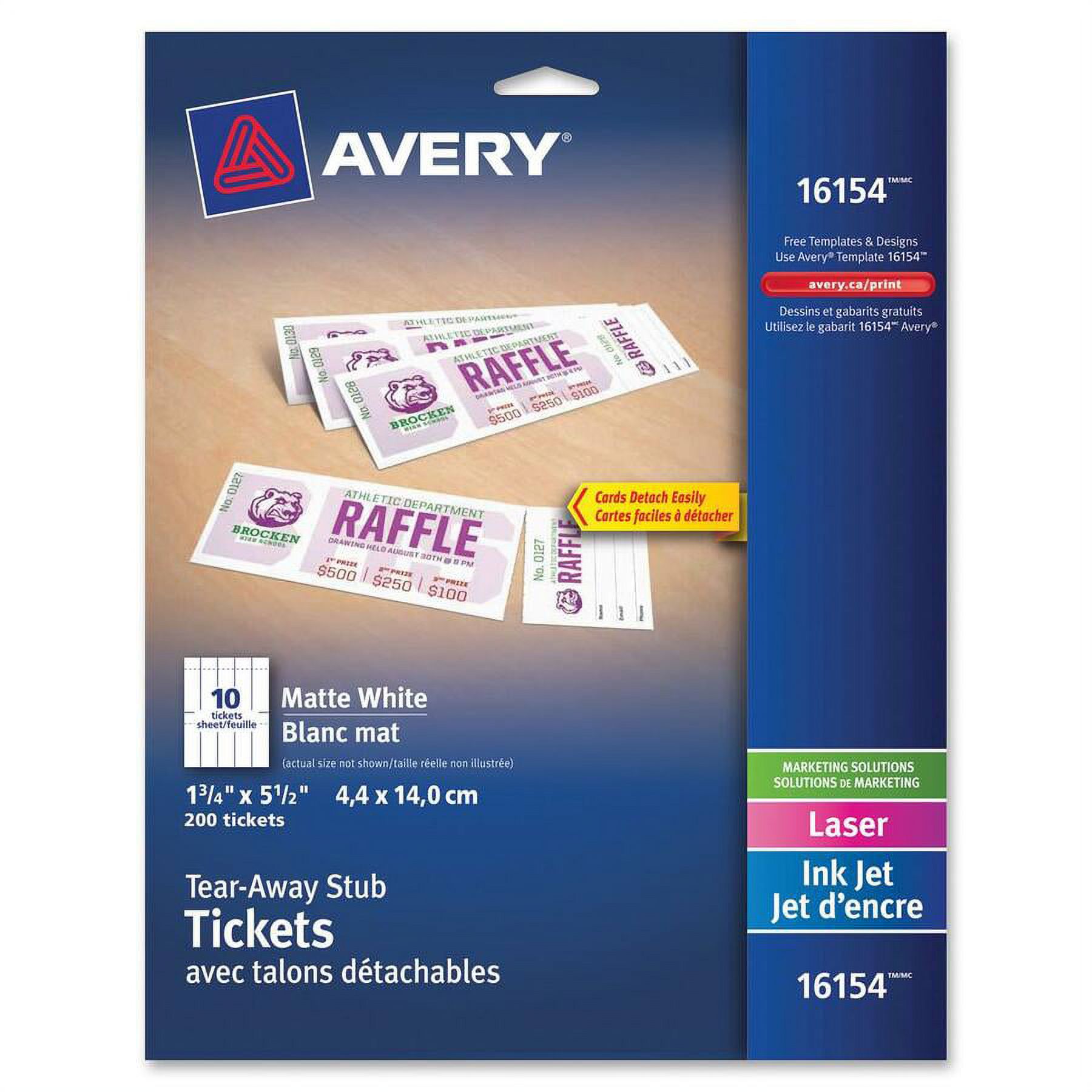Avery Printable Tickets, Bright Yellow Card, 4.4 x 14 cm, Laser/Inkjet, 250  Tickets (16434)