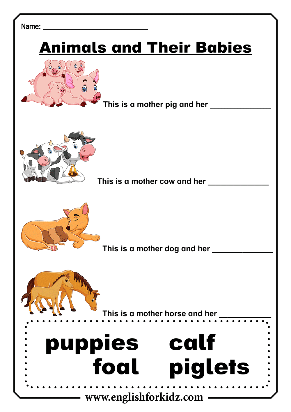 English for Kids Step by Step: Animal Babies Worksheets