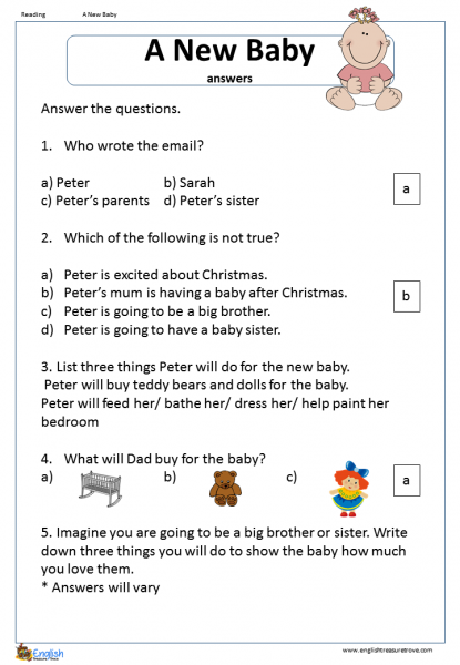 A New Baby English Comprehension Worksheet - English Treasure Trove
