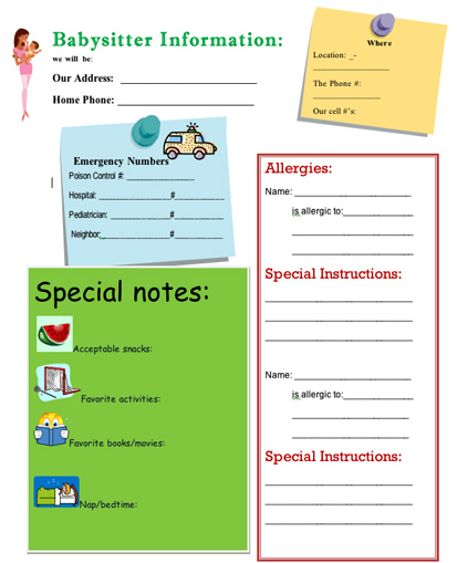 Free Printable Babysitting Information Sheet