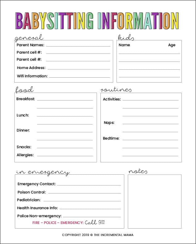 Free Printable Babysitting Information Sheet - The Incremental Mama