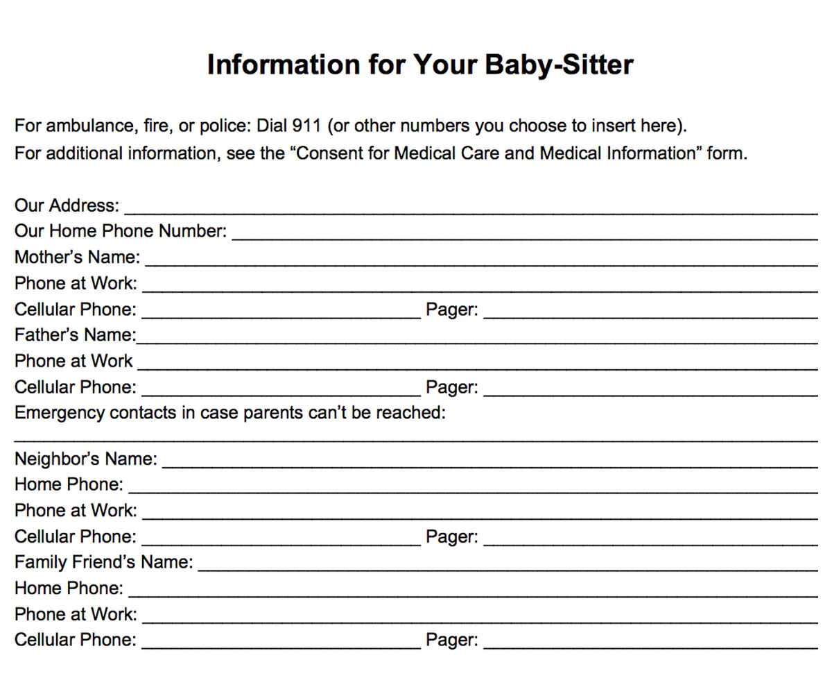 Emergency Information Form for Babysitters Printable - FamilyEducation