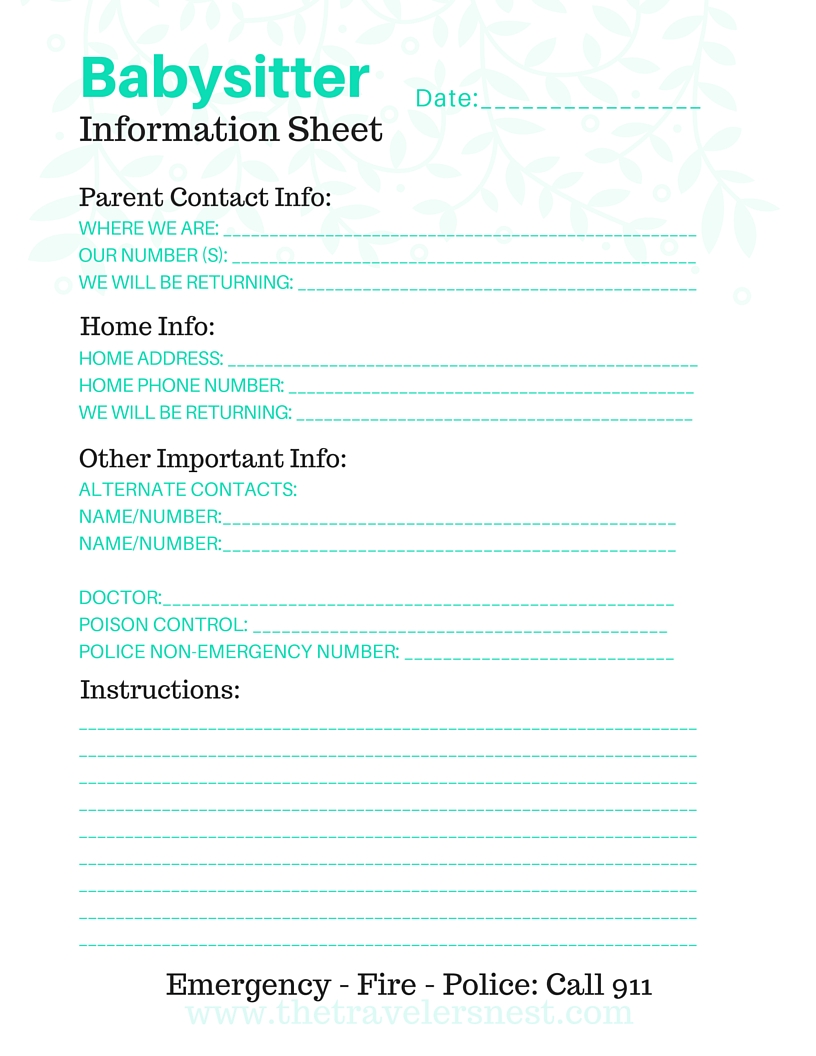 Free Printable: Babysitter Info Sheet - The Travelers Nest