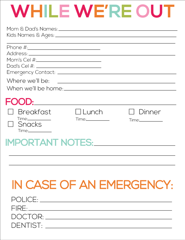 Printable Babysitter Notes