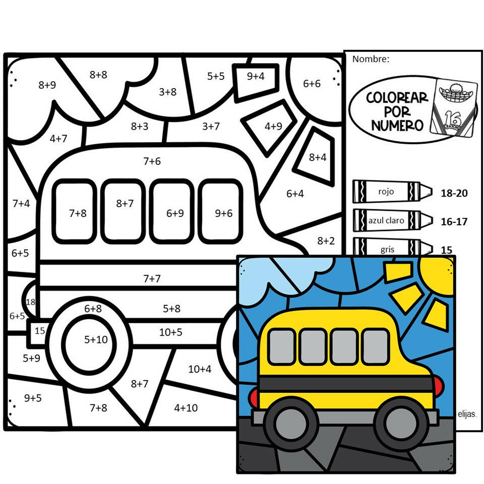 Spanish Back to School Color by Number Addition Facts to 10 and 20 ...