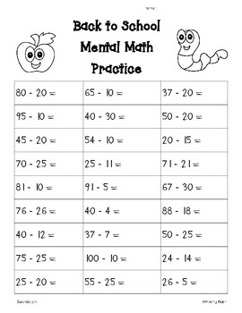 Back to School Mental Math Subtraction Worksheet by 4 Little Baers