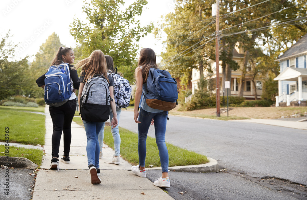 Four young teen girls walking to school together, back view Stock ...