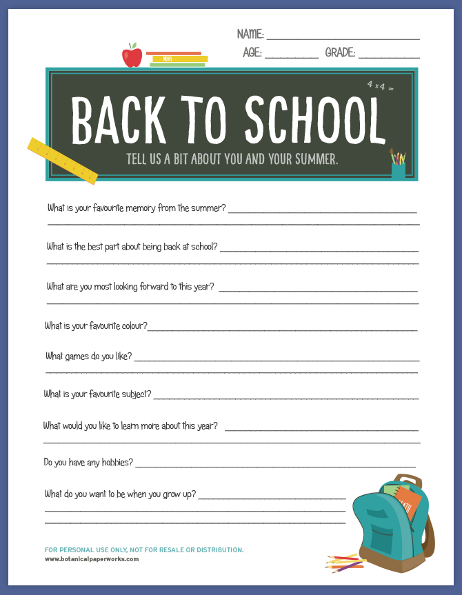 free printable} Back-To-School Worksheet - Botanical PaperWorks